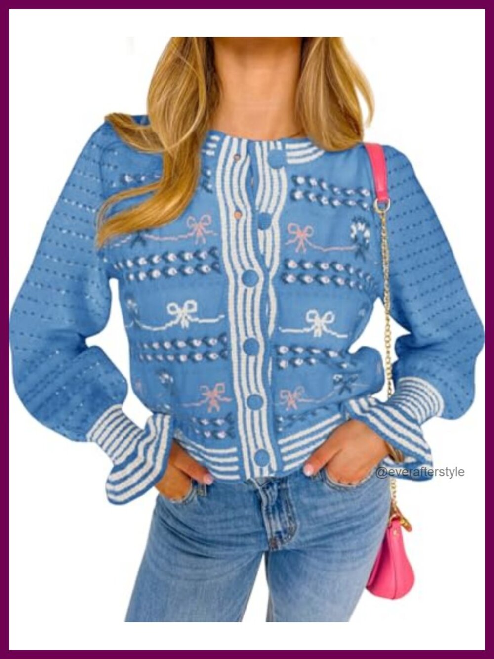 Women's Knit Cardigan Striped Puff Ruffle Sleeve Bow Graphic Button Sweater
